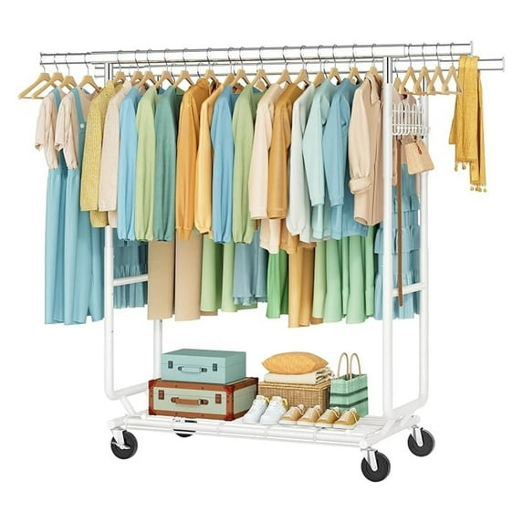 2-Minute Assembly Double Rod Clothes Rack, Heavy Duty Rolling Clothing ...