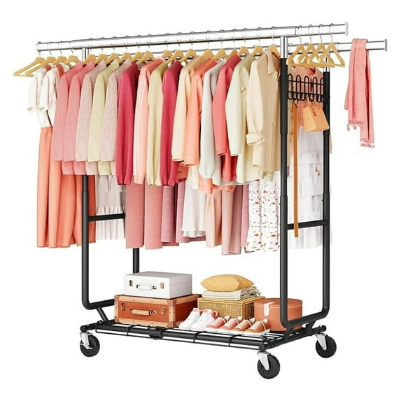 2-Minute Assembly Double Rod Clothes Rack, Heavy Duty Rolling Clothing Racks with Wheels, Foldable Garment Rack, Extendable Hanging Bar, Adjustable Metal Pole with , Black