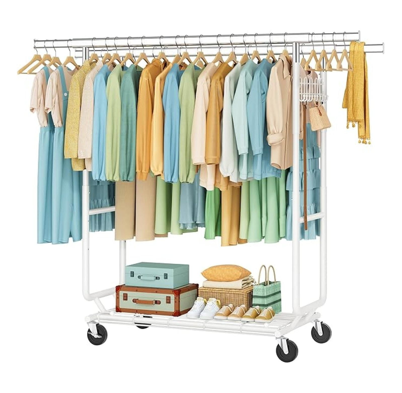2-Minute Assembly Double Rod Clothes Rack, Heavy Duty Rolling Clothing ...