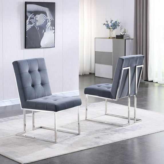 2 Modern Velvet Dining Chair - , Silver Stainless Base, Instant (2) And Ready