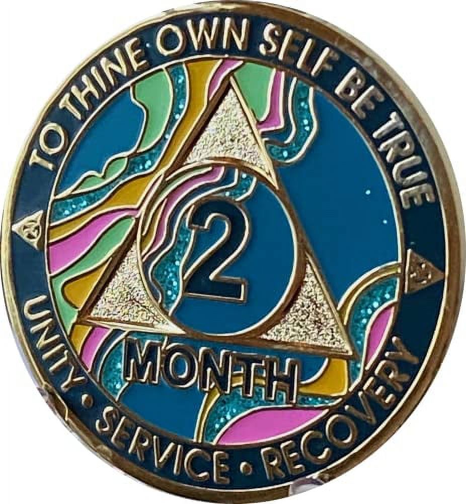 TEVIROOM 2 Month AA Medallion Elegant Marble Tahiti Teal Blue Pink and Glitter Gold Plated Sobriety Chip