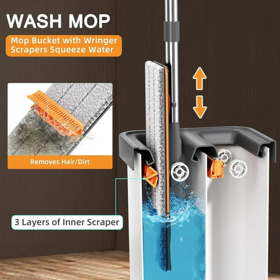 2- Mop and Bucket Set with Wringers for Efficient Home and Office Cleaning, 61" Extendable Handle and 4 Microfiber Pads
