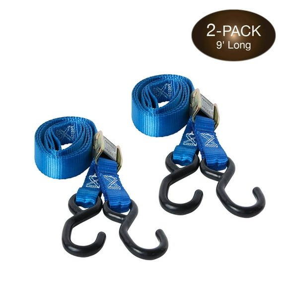 "2 Motorcycle Kayak Tie-Down Cam Straps 1"" x 9' Strong TieDown Straps with Durable Polyester and Vinyl-Coated S Hooks, Tie Down Cargo | For Pickup Bed, Moving Truck, Van, Trailer, by DC Cargo Mall"