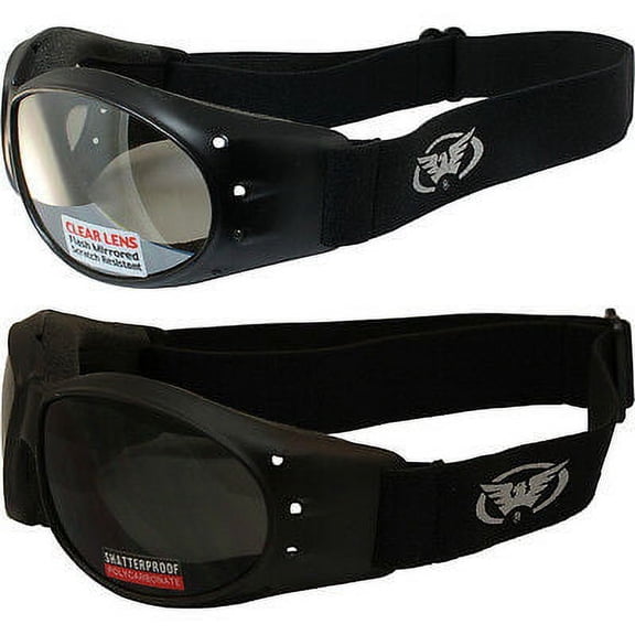 Global Vision Eliminator Motorcycle Riding Dirt Bike Padded Goggles-Sunglasses 2 Pair Super Dark & Clear Mirror Lenses