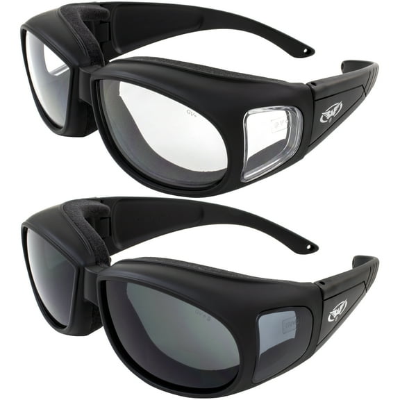 2 Motorcycle Safety Sunglasses Fits Over MOST Rx Glasses Smoke and Clear Day & Night Usage Meets ANSI Z87.1 Standards For Safety Glasses Has Soft Airy Foam Padding