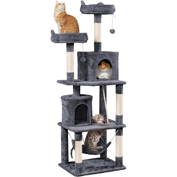 2" Multi-Level Cat Tower with Dual Cat-Ear Perches & Cozy Condos for Large Cats, Dark Gray