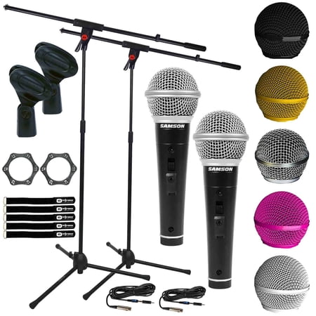 (2) Multi-Purpose Dynamic Vocal Microphones with Clutch Mic Grille Colors & Microphone Boom Stands Package