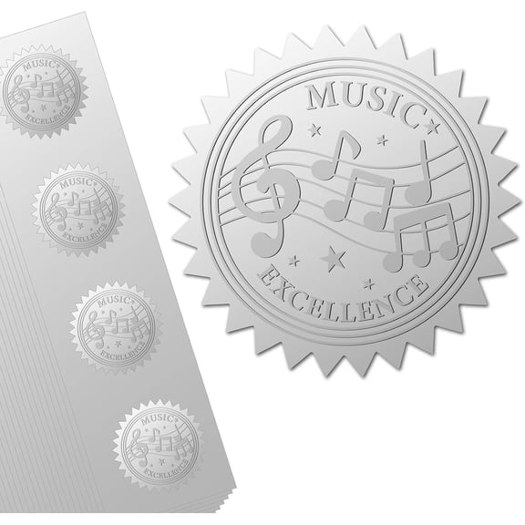 2" Music Note Staff Silver Foil Embossed Stickers Certificate Seals Self Adhesive Sticker 100Pcs Decor Labels for Awards Wedding Invitation