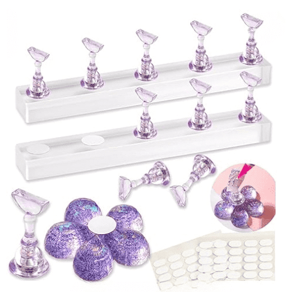 2 Nail Stand for Press Ons, Fake Nail Holder for Painting Nails, Upgrade Solid Acrylic Nail Stands Nail Magnets for Nail Art Design, Flower Nail Holder for Nail Practice Display Supplies W/ Glue Tips