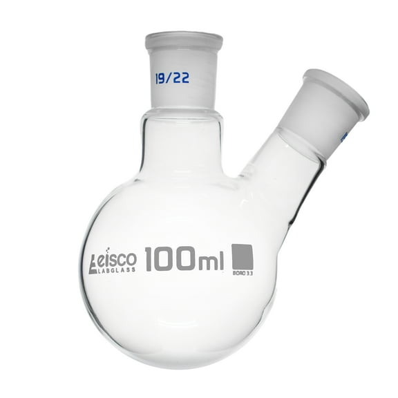 2 Neck Round Bottom Boiling Flask, 100mL - 19/22 Center & Side Joints - Borosilicate Glass - Eisco Labs