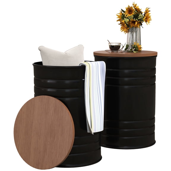 2 Nesting Storage Ottomans With Lids. Decorative Adornment. Hidden Via Removable Tops. Metal, 264 Lbs Capacity. 14.5" X 19" H (large), 12.5" 17.75" (small). No Assembly - 2 Style Decoration. Extra