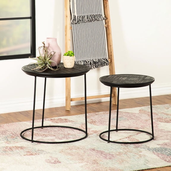 2 Nesting Tables In Matte Black, Mango Wood & Metal, Stylish For Living Space Black Tables, Surfaces Metal Frames, Versatile Home Use