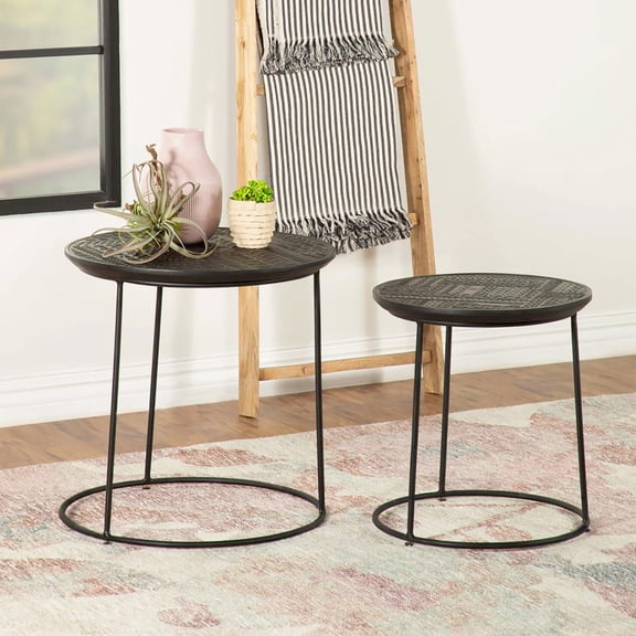 2 Nesting Tables, Matte Black Finish, Mango Tops & Metal Frame, For Living Area Wood Construction, Modern Room