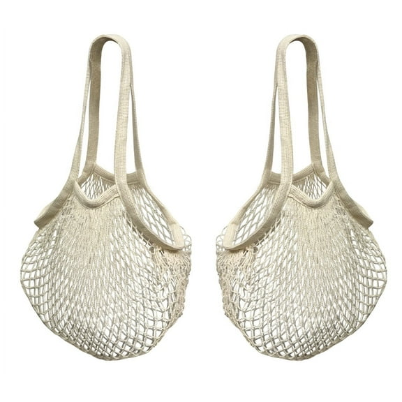 2 Net Shopping Bags 100% Cotton Reusable Bag for Groceries Produce & Toting Compact & Foldable with a Longer Handle Natural Color