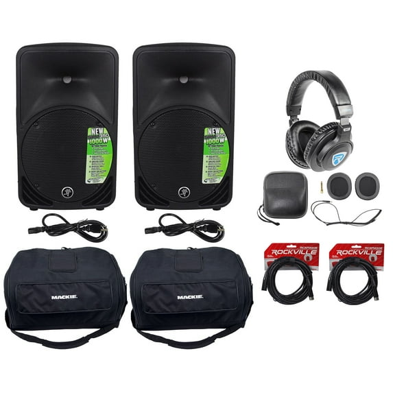 (2) New Mackie SRM350-V3 10" Powered Speakers+Travel Bags+Headphones+Cables