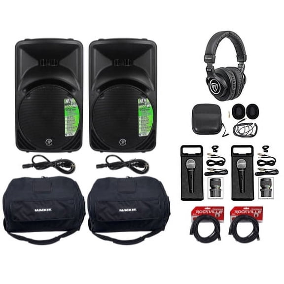 (2) New Mackie SRM450-V3 12" Powered Speakers+Travel Bags+Headphones+Mics+Cables