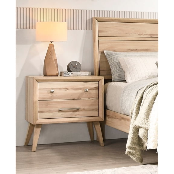 2 Nightstand In Mid-century Modern, Natural Oak, Bedroom Classic Design Oak Finish Nightstand, 2 Drawers