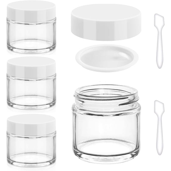 2 OZ Glass Jars with White , 4 Pack Round Glass Jars Sample Container with Inner Liners & Spatulas, Leak Proof Travel Toiletries Containers for , Makeup, Lotion,