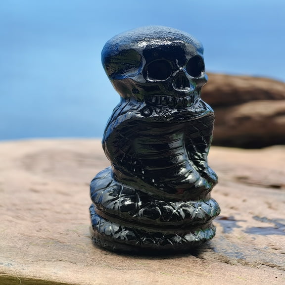 2" Obsidian Crystal Snake Quartz Skull Figurine, Hand Carved Reiki Healing Crystal Animal Statue Sculpture Gift