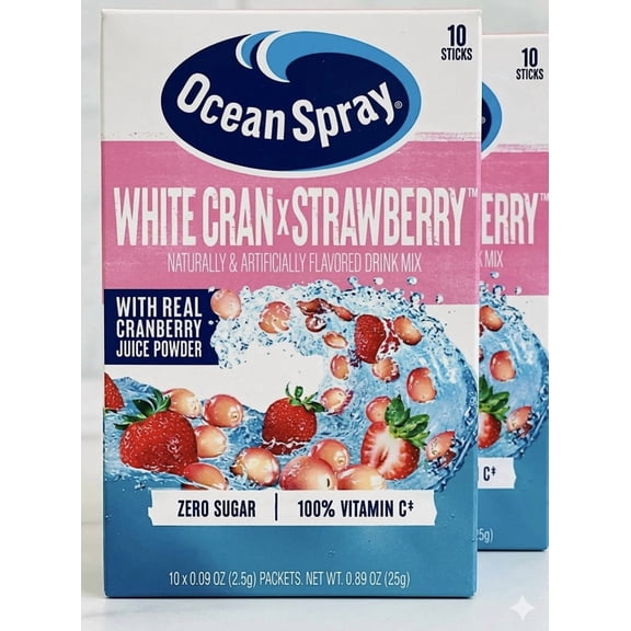 2 -  Ocean Spray Powdered Drink Mix, White Cran Strawberry Zero Sugar, 2 Boxes(20 packs)