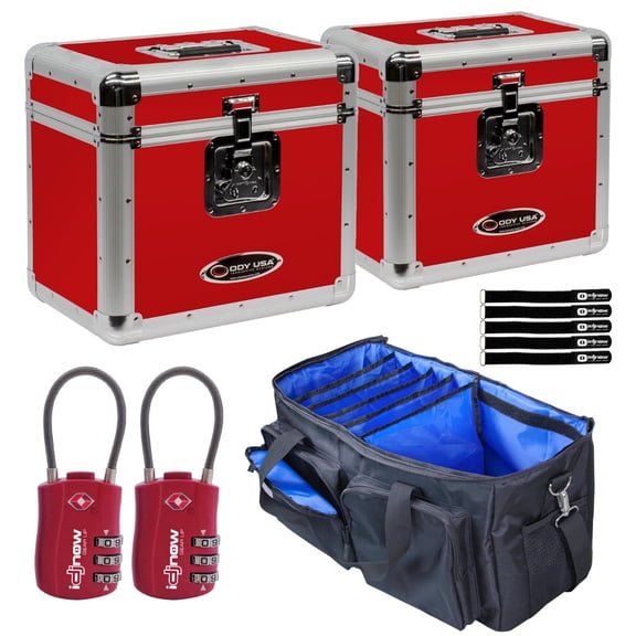 (2) Odyssey KLP2RED Krom Series Red Stackable Record Cases with Carrying Bag Package