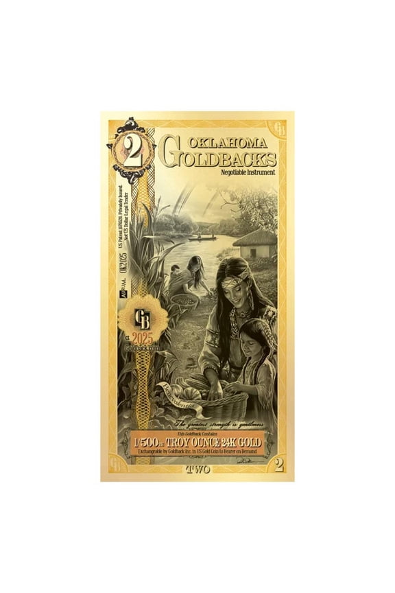 2 Oklahoma Goldback 1/500 oz 24K Gold Foil Aurum Note