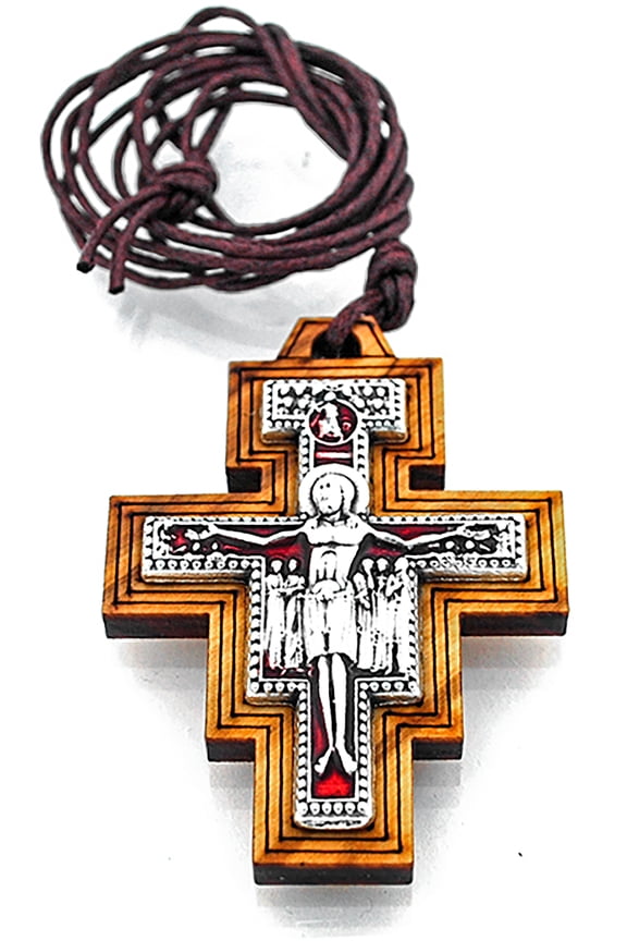 2" Olive Wood San Damiano Cross Necklace with Red Enamel