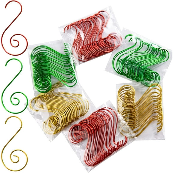 2" Ornament Hooks, 120 PCS Christmas Ornament Hangers - Christmas Tree Hanger Baubles Ball Metal Hooks Xmas Decoration S Hooks , Green Gold Red