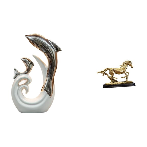 2 Ornaments Silver White Ceramic Dolphin Horse Sculpture Artistic Abstract Style for Home Office Fireplace Living Room