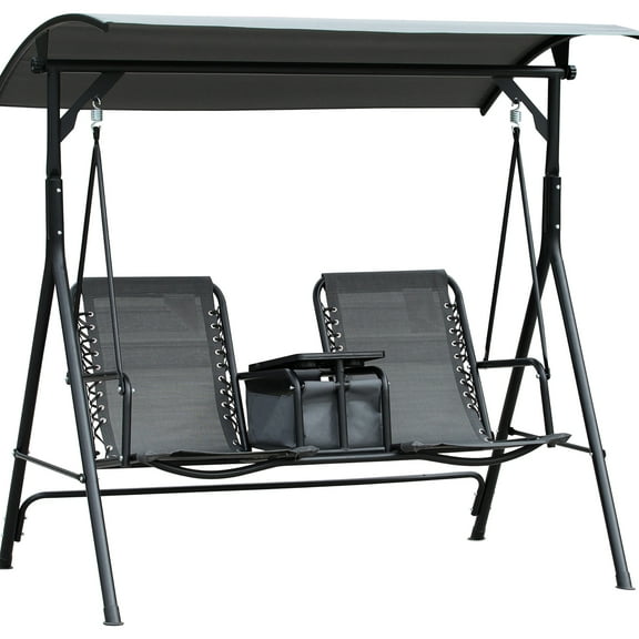 2 Outdoor Canopy Swing Glider, Pivot Storage Table, Cup Holder, Adjustable Protection Shade, Steel Frame, Grey, 528 Lbs Load Capacity Sun Block Weight