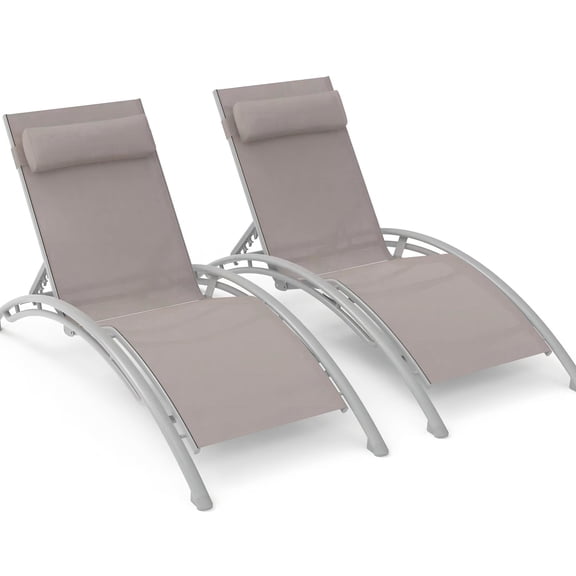 2 Outdoor Chaise Lounge - Adjustable & Removable Pillow. Rustproof Aluminum Frame. Quick-drying Fabric. 5 Positions For Comfort. Ideal Beach, Pool, Lawn. Khaki Beach Recliner Lounges, Frame, Angles,
