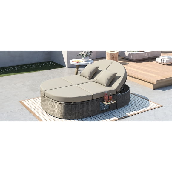 2 Outdoor Daybed With Cushions. Garden Reclining Lounge. Adjustable Backrests, Foldable Cup Trays. Gray For Use. Luxury, Modern Sun Bed, And Water Cushions Lawn, Poolside