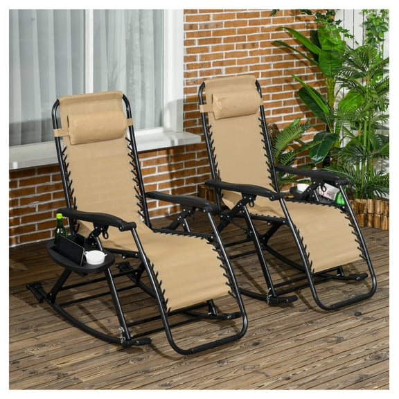 2 Outdoor Rocking Chairs Foldable Reclining Zero Gravity Lounge Rockers w/ Pillow Cup & Phone Holder, Beige