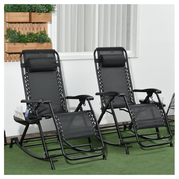 2 Outdoor Rocking Chairs Foldable Reclining Zero Gravity Lounge Rockers w/ Pillow Cup & Phone Holder, Black