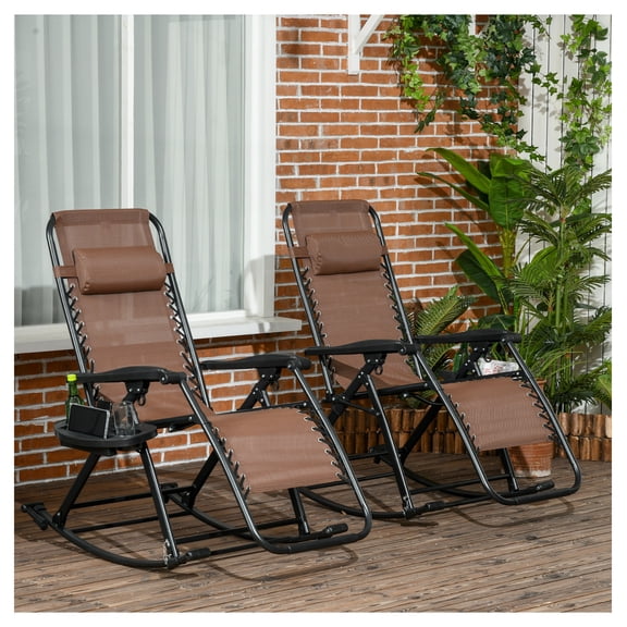 2 Outdoor Rocking Chairs Foldable Reclining Zero Gravity Lounge Rockers w/ Pillow Cup & Phone Holder, Brown