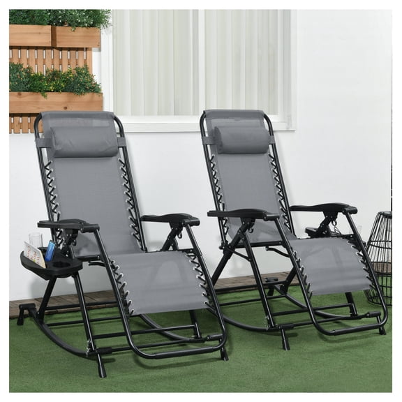 2 Outdoor Rocking Chairs Foldable Reclining Zero Gravity Lounge Rockers w/ Pillow Cup & Phone Holder, Gray