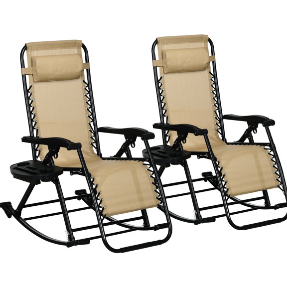 2 Outdoor Rocking Seats, Zero Gravity Reclining With Pillow, Cup & Phone Holder, Beige, Steel Frame Construction 2pcs Chairs, Foldable Lounge Rocker Steady Build, No Assembly Needed For Convenient