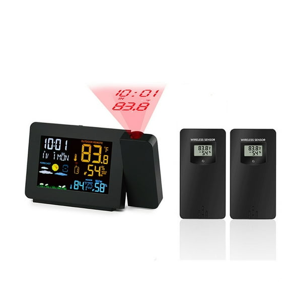 2 Outdoor Sensors Projection Alarm Clock Weather Station Colorful Backlight With Humidity indoor Temperature Time Projector ,Easy to Operate