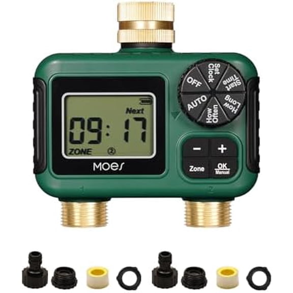 2 Outlet Sprinkler Timer, Brass Inlet & Outlet, Programmable Automatic Irrigation Controller, Rain Delay, Manual Watering, 2 Zone Water Hose Timer for Gardens, Lawns, and Hose Systems$$