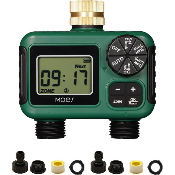 2 Outlet Sprinkler Timer, Brass Inlet, Programmable Automatic Irrigation Controller, Rain Delay, Manual Watering, 2 Zone Water Hose Timer for Gardens, Lawns, and Hose Systems