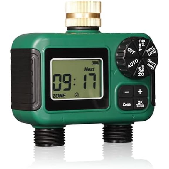 2 Outlet Sprinkler Timer, Brass Inlet, Programmable Automatic Irrigation Controller, Rain Delay, Manual Watering, 2 Zone Water Hose Timer for Gardens, Lawns, Hose Systems$$Garden & Patio