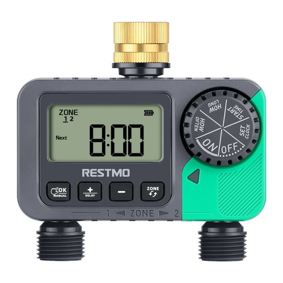 2-Outlet Sprinkler Timer with Pure Brass Inlet, Programmable Hose Timer for Garden, 2 Zone Water Timer for Automaticlly Water Lawn and Control Drip Irrigation