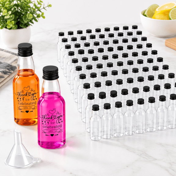 2 Oz Bulk Empty Plastic Mini Travel Bottles with Black Screw Caps and Funnel, 100 Count
