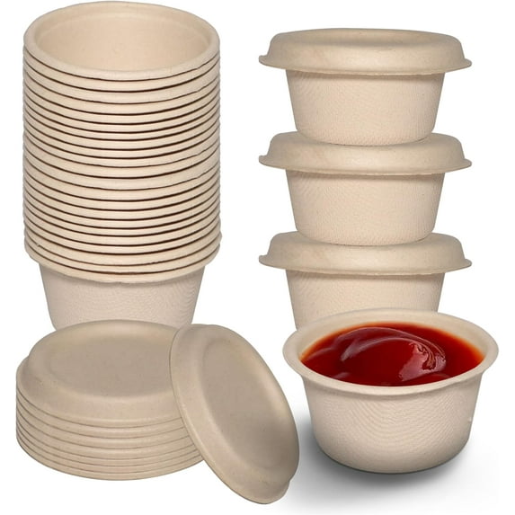 2 Oz Compostable Souffle Portion Cups with Fiber Lids - Condiment Paper Sample Cup with Lid Sugarcane Bagasse, Biodegradable Great For Sauces, Condiments, Slime, Jello Shot, Food Storage (1000)