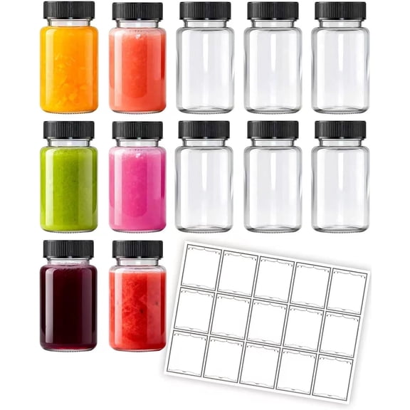 2 Oz Glass Juice Shot Bottles with Black Caps & Labels, Reusable Small Wellness Bottles for Ginger Shots, Juice Jars, BPA-Free, Leak-Proof, Dishwasher Safe, 12 Pack