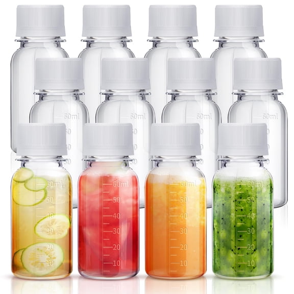 2 Oz Refillable Plastic Shot Bottles with Caps, 48 Count