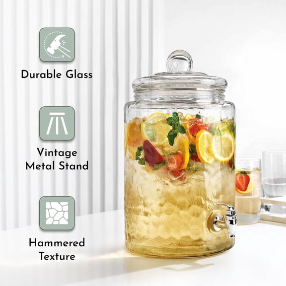 2 PACK 1.5 Gallon Drink dispenser, Classic Hammered Glass Beverage Dispenser With Elegant Stand, Drink Dispensers for Parties With Spigot 100% Leakproof. Perfect For Parties And Daily Use