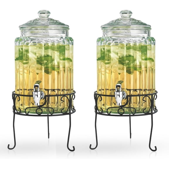 2 PACK 1.5 Gallon Drink dispenser, Glass Beverage Dispenser With Elegant Stand Stand, Drink Dispensers for Parties With Spigot 100% Leakproof. Perfect For Parties And Daily Use