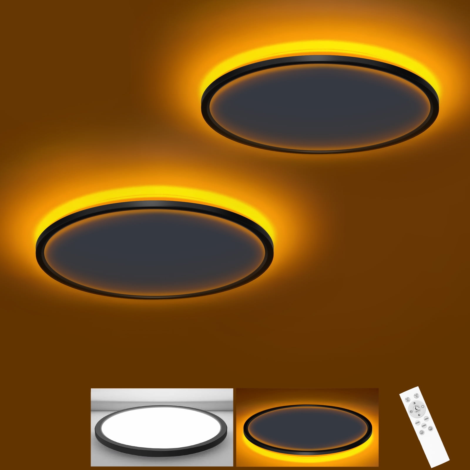 2 PACK 12 Inch Ceiling Light with Night Light 1800K, 3000K-6500K Selectable LED Light Fixture with Remote Control, 24W 2400lm Dimmable Ceiling Lamp for Bedroom Kitchen-Black