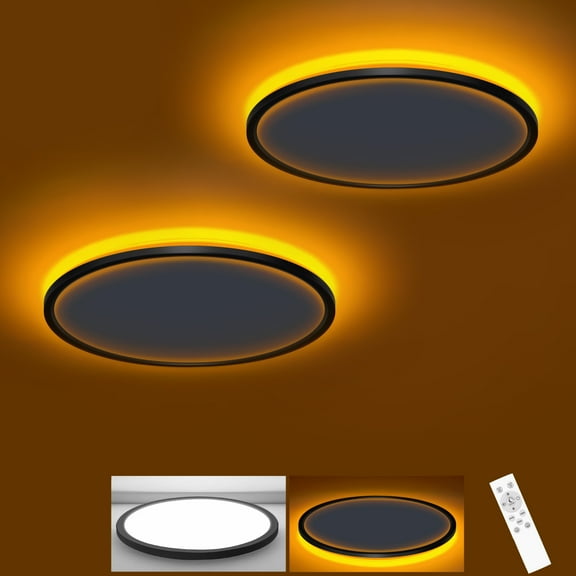 2 PACK 12 Inch Ceiling Light with Night Light 1800K, 3000K-6500K Selectable LED Light Fixture with Remote Control, 24W 2400lm Dimmable Ceiling Lamp for Bedroom Kitchen-Black